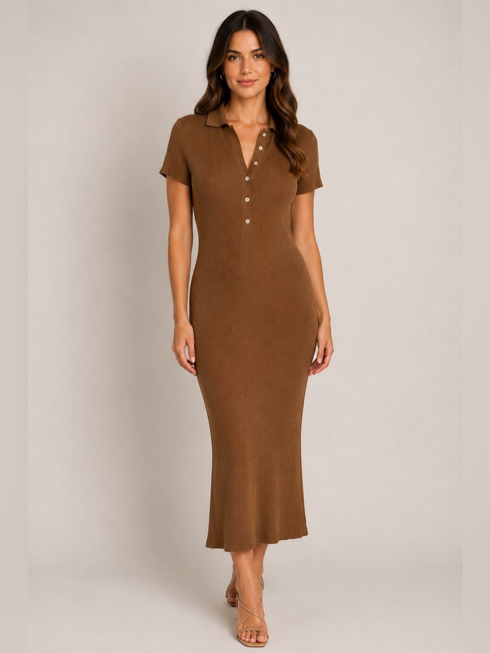 House of Harlow 1960 Brown Ribbed Knit Polo Midi Dress